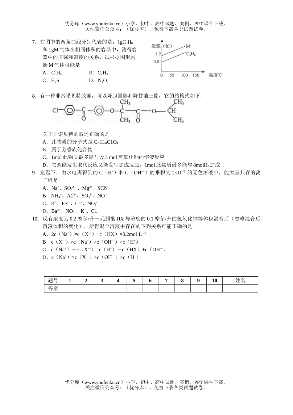 高考化学高考课前选择题练习12试卷_第2页