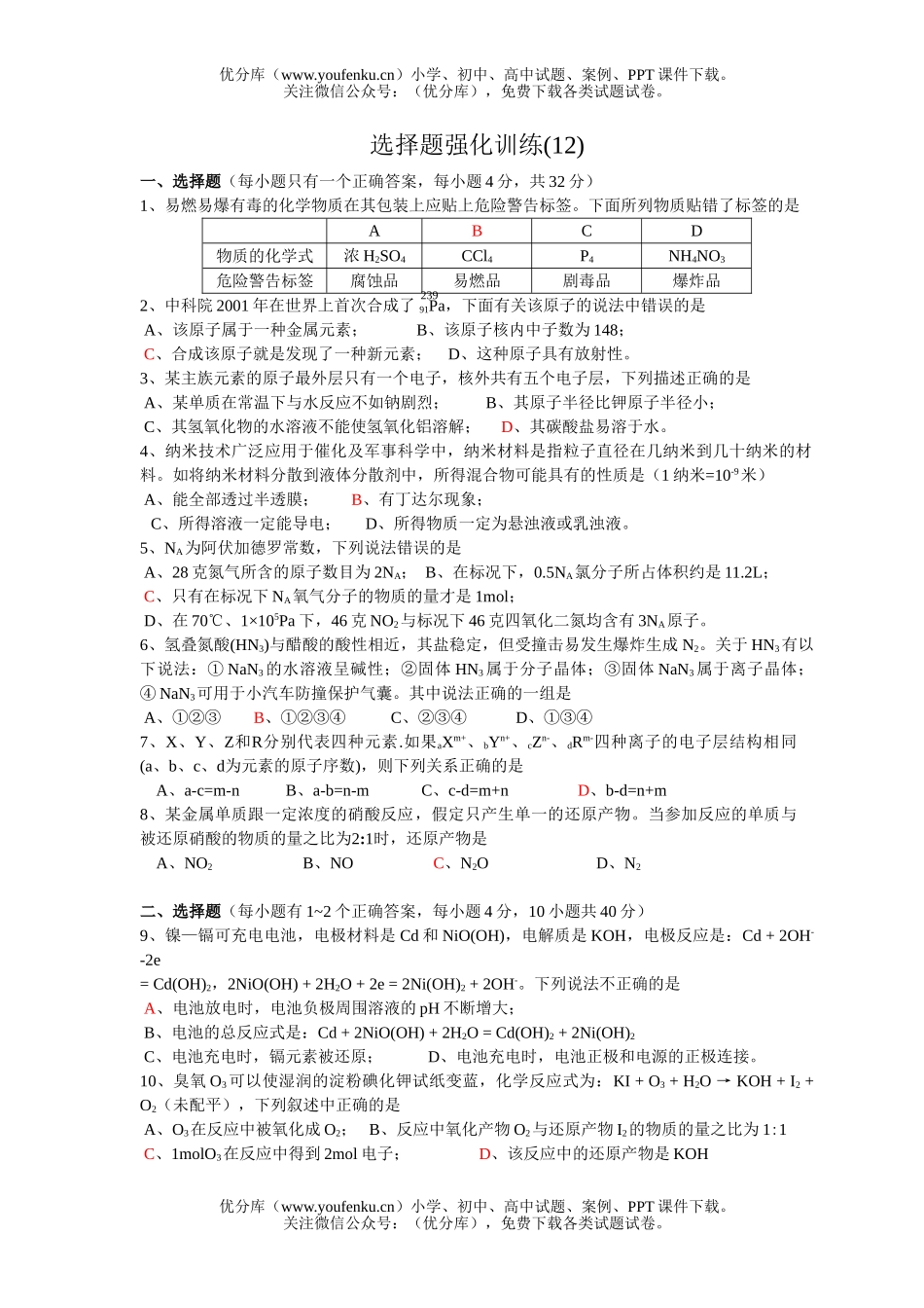 高考化学高考选择题强化训练(12)试卷_第1页