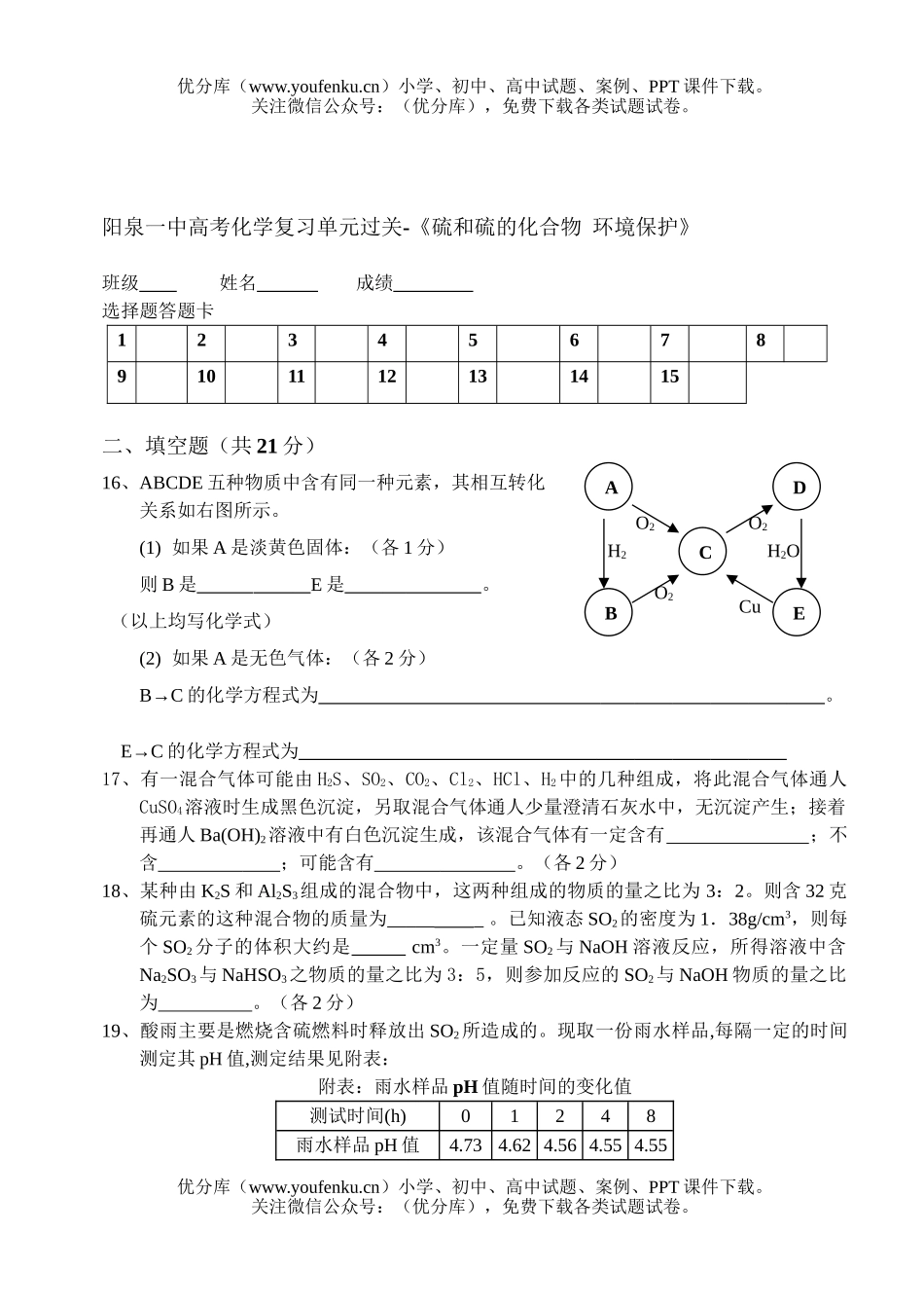 高考化学高考复习单元过关《硫和硫酸》试卷_第3页