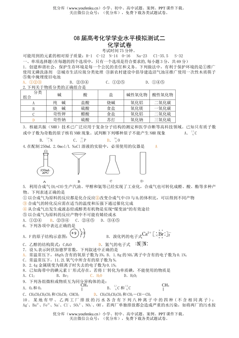 高考化学08届高考学业水平模拟测试二试卷_第1页
