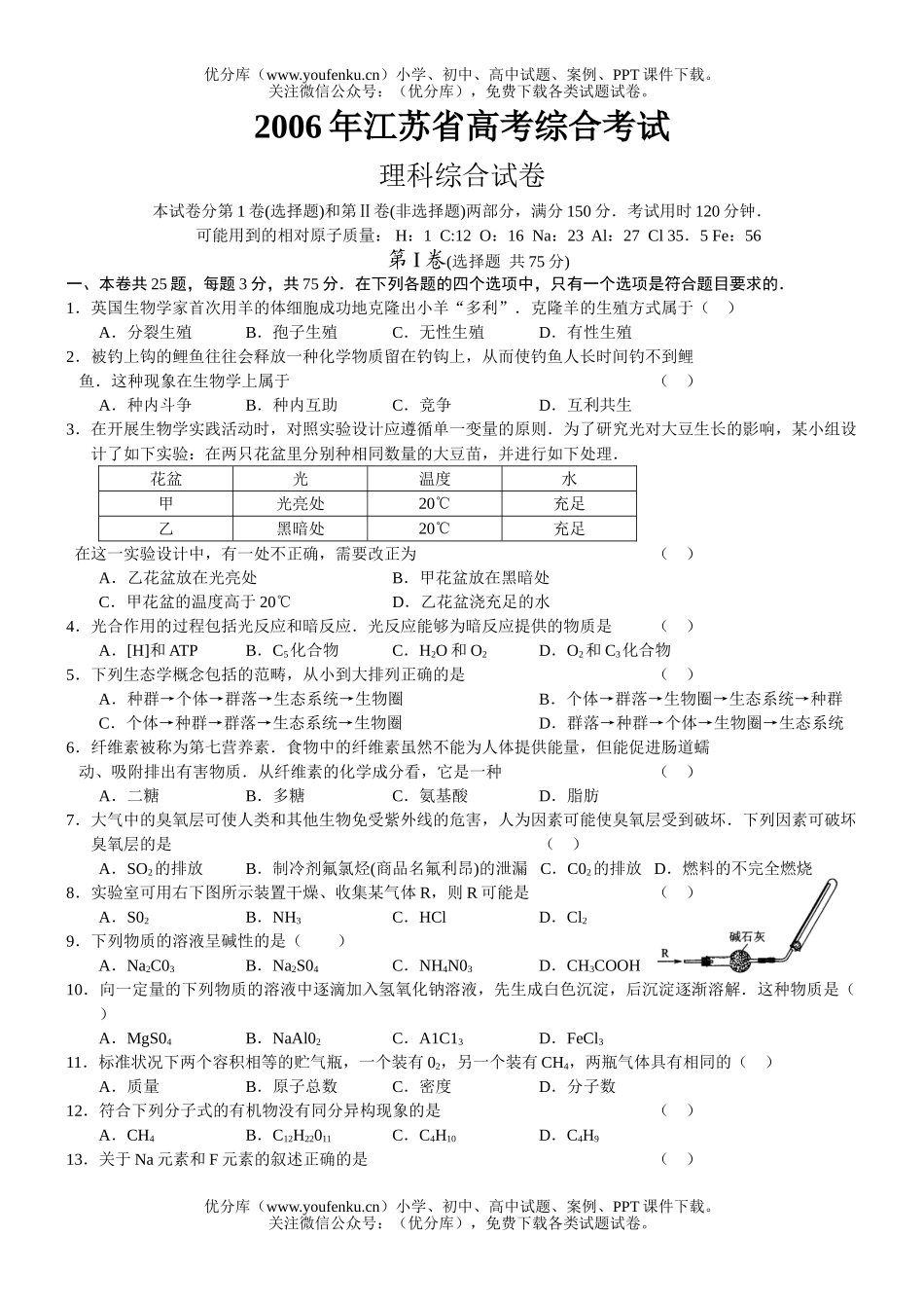 高考化学高考江苏卷及答案试卷_第1页