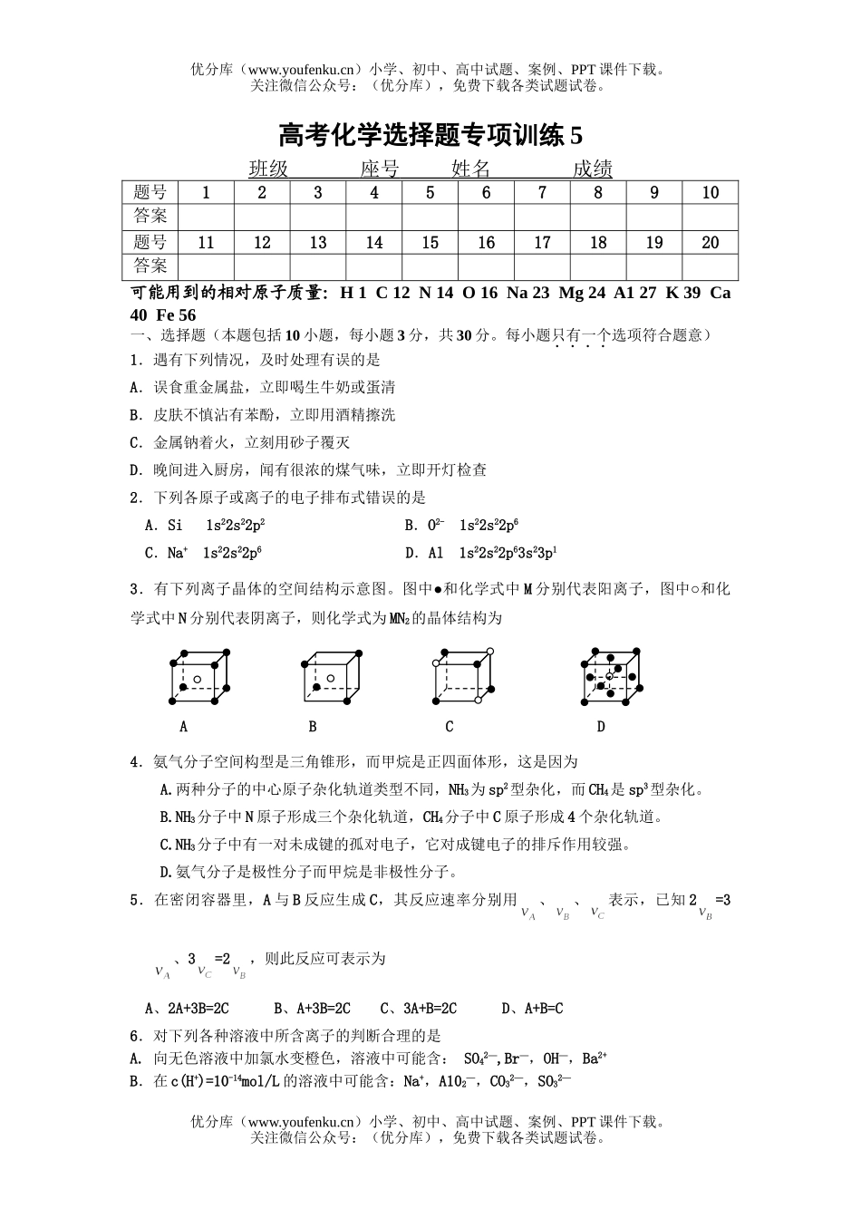 高考化学高考选择题专项训练5试卷_第1页
