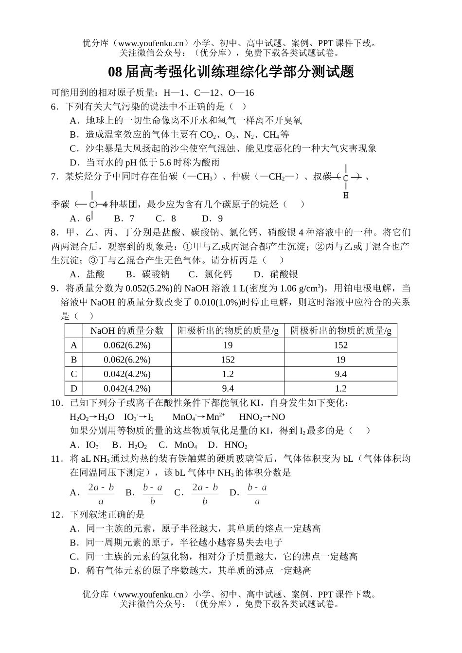 高考化学08届高考强化训练理综部分测试卷_第1页