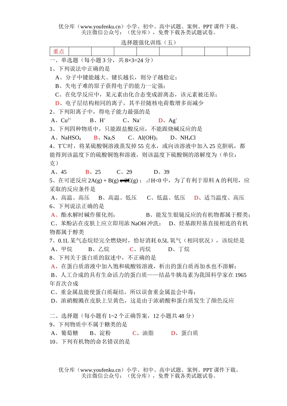 高考化学高考选择题强化训练5试卷_第1页