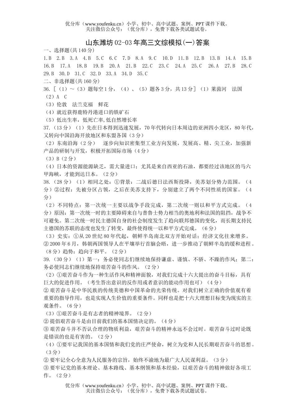 高考历史山东潍坊文综模拟(一)试卷_第1页