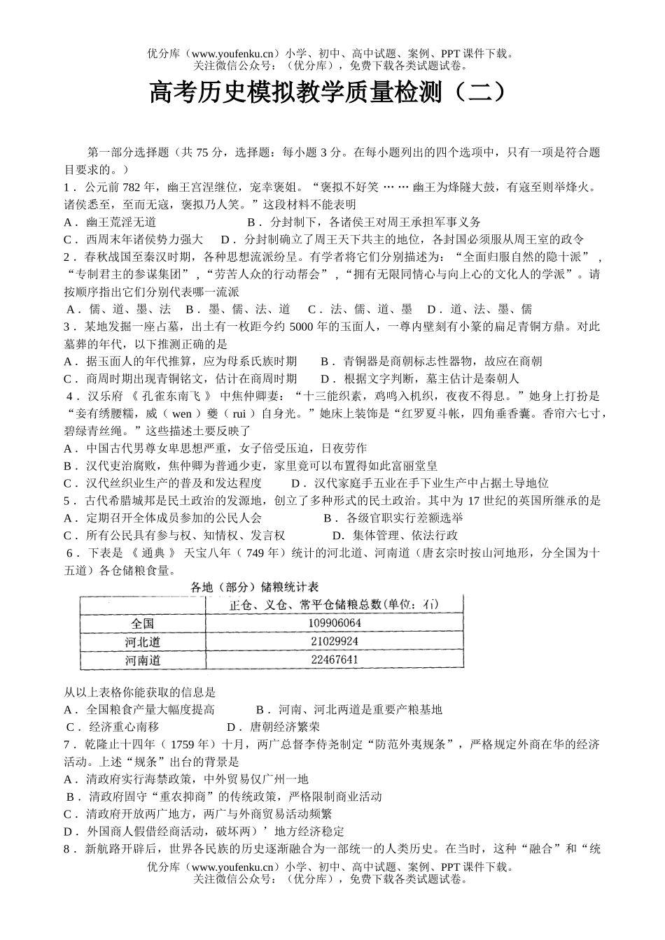 高考历史高考模拟教学质量检测试卷_第1页