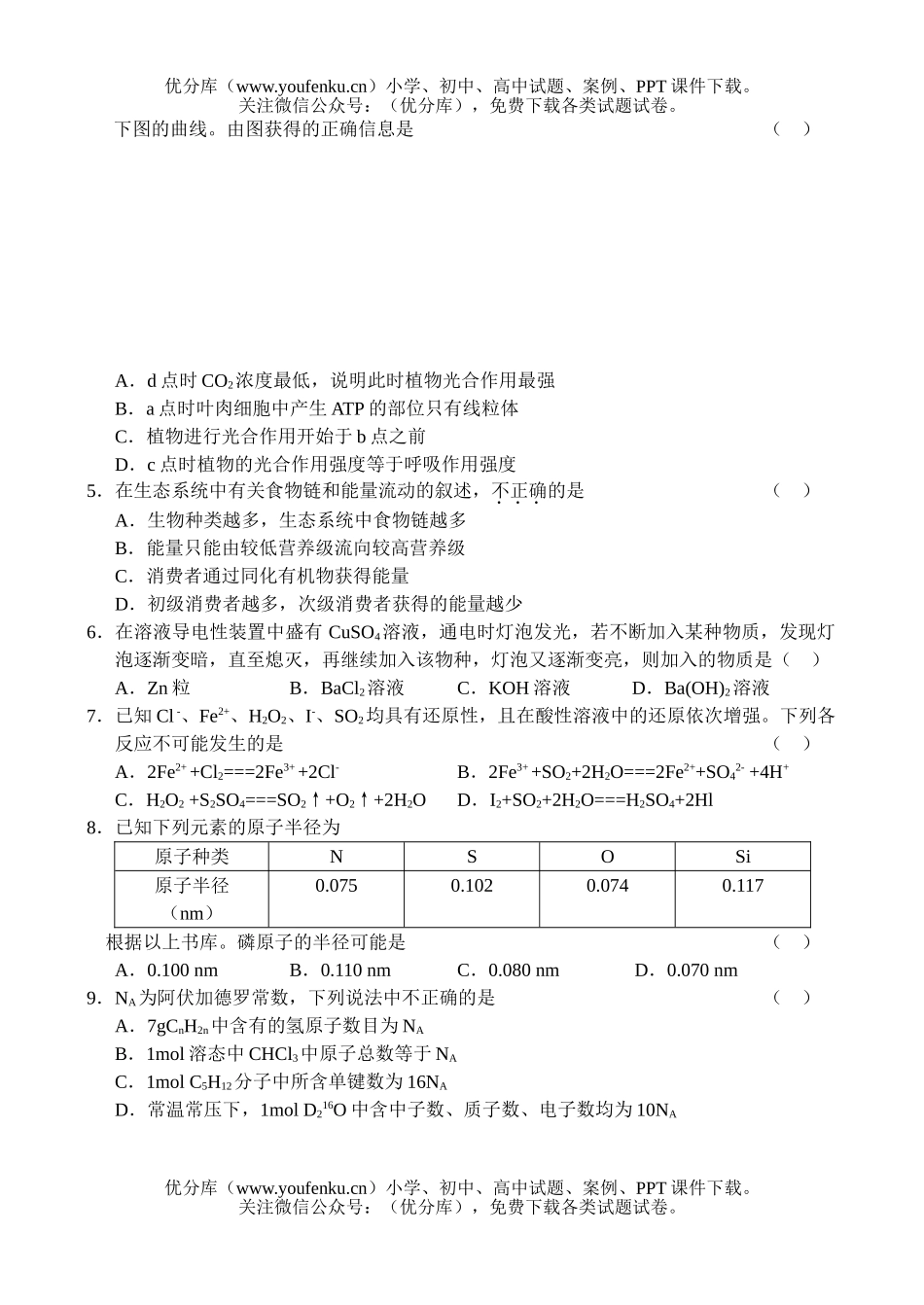 高中综合毕业理综第一次复习统一检测试卷_第2页