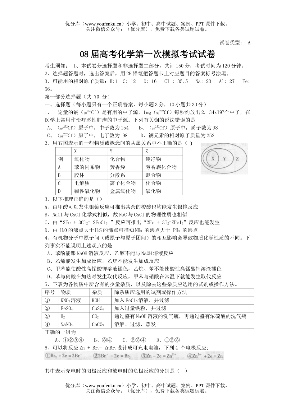 高考化学08届高考第一次模拟考试卷_第1页