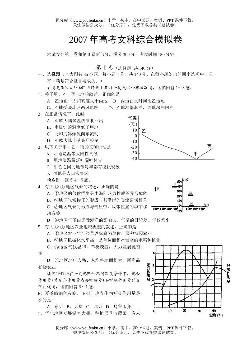 文科综合2007年高考文科综合模拟试卷_第1页