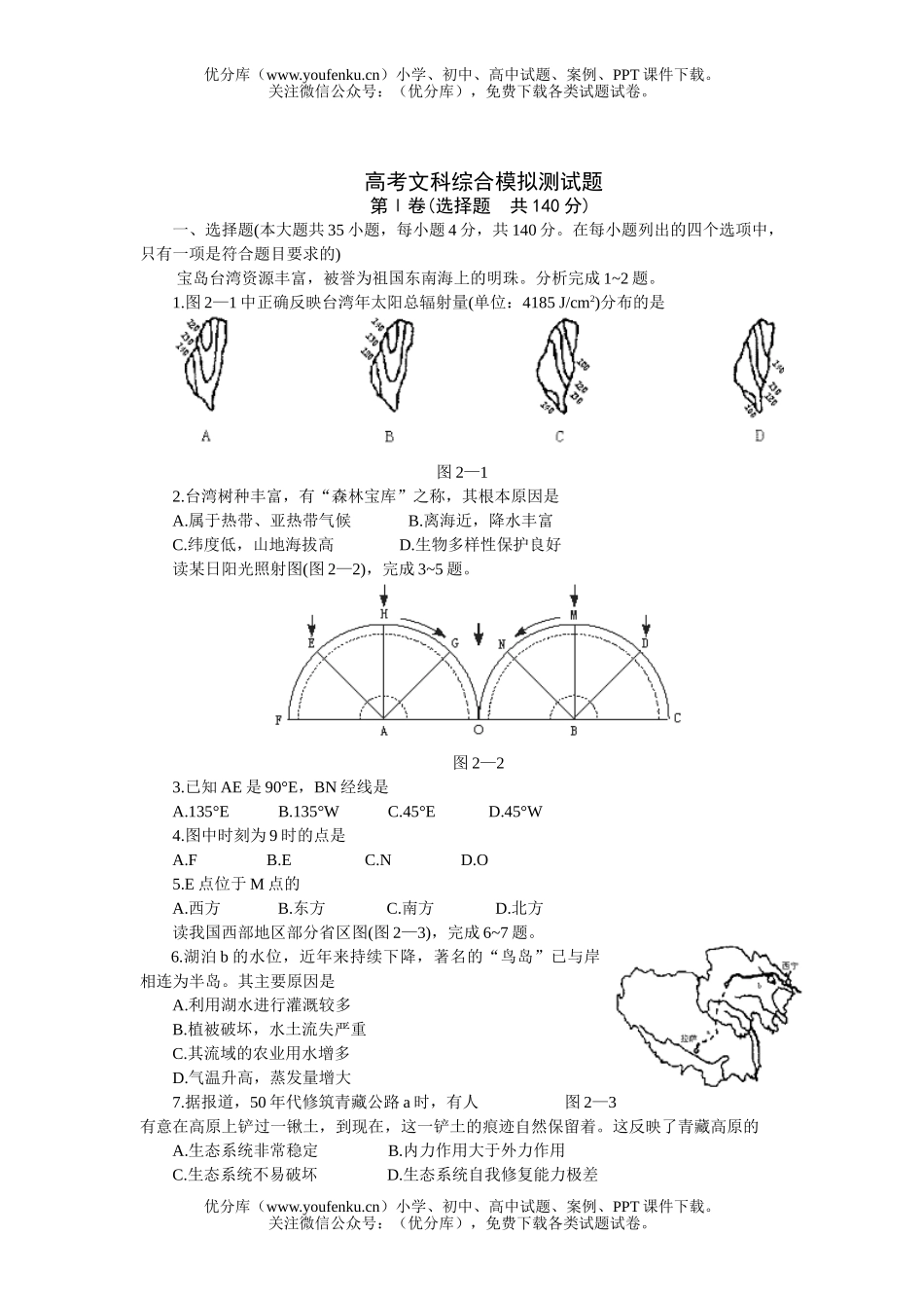 文科综合高考文科综合模拟测试卷_第1页