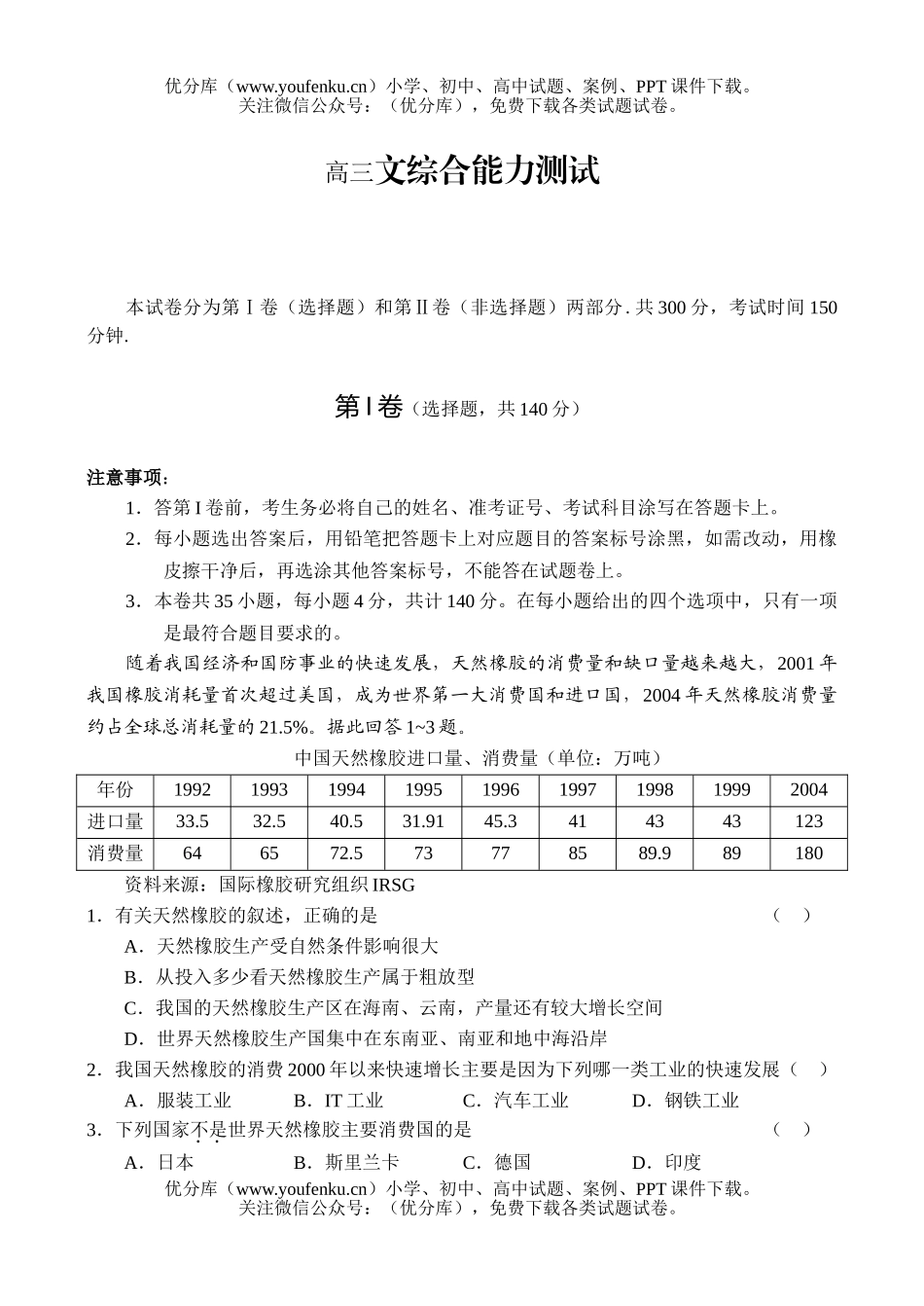 文科综合文科综合能力测试卷_第1页