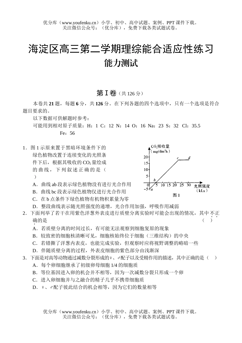 理科综合海淀区第二学期理综能合适应性练习试卷_第1页