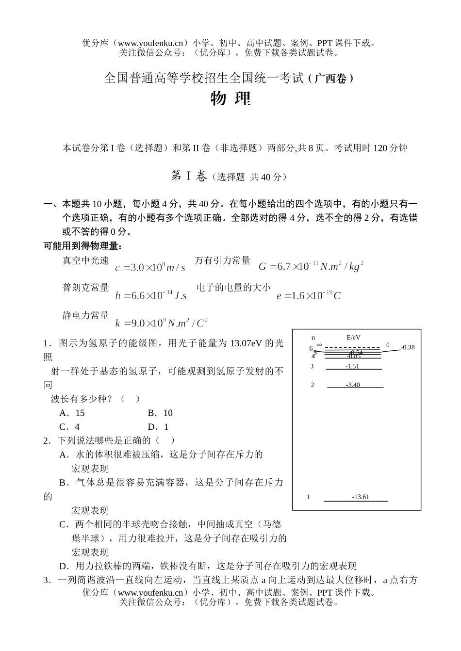 理科综合全国普通高等学校招生全国统一考试广西试卷_第1页