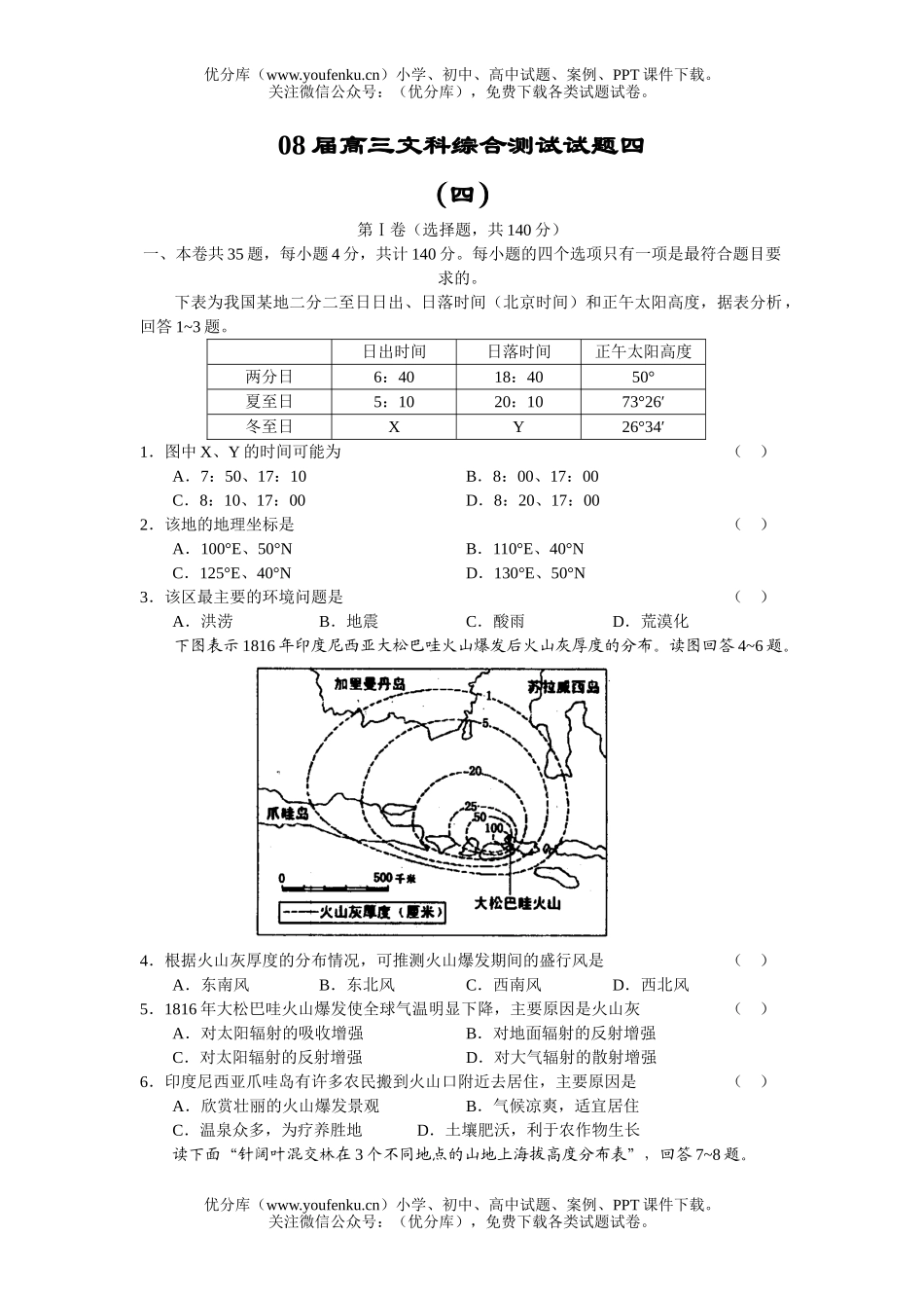 文科综合08届文科综合测试四试卷_第1页