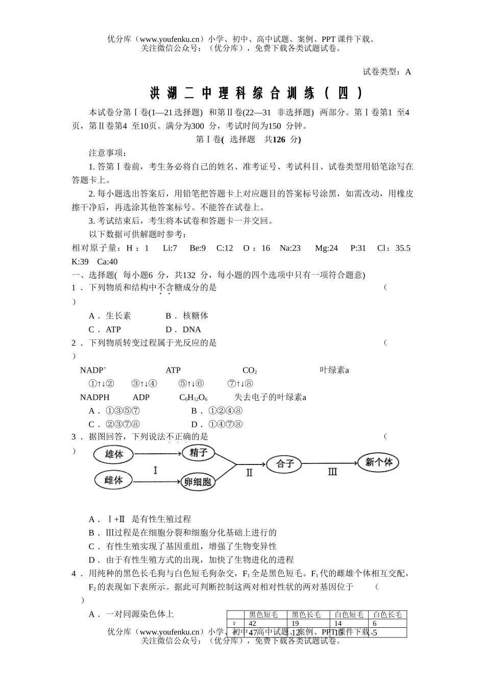 理科综合洪湖二中理科综合训练(四)试卷_第1页