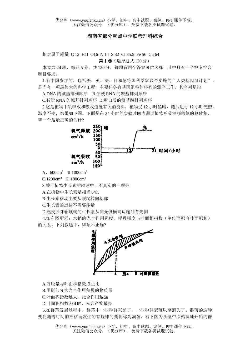 理科综合湖南省部分重点中XXX考理科综合试卷_第1页