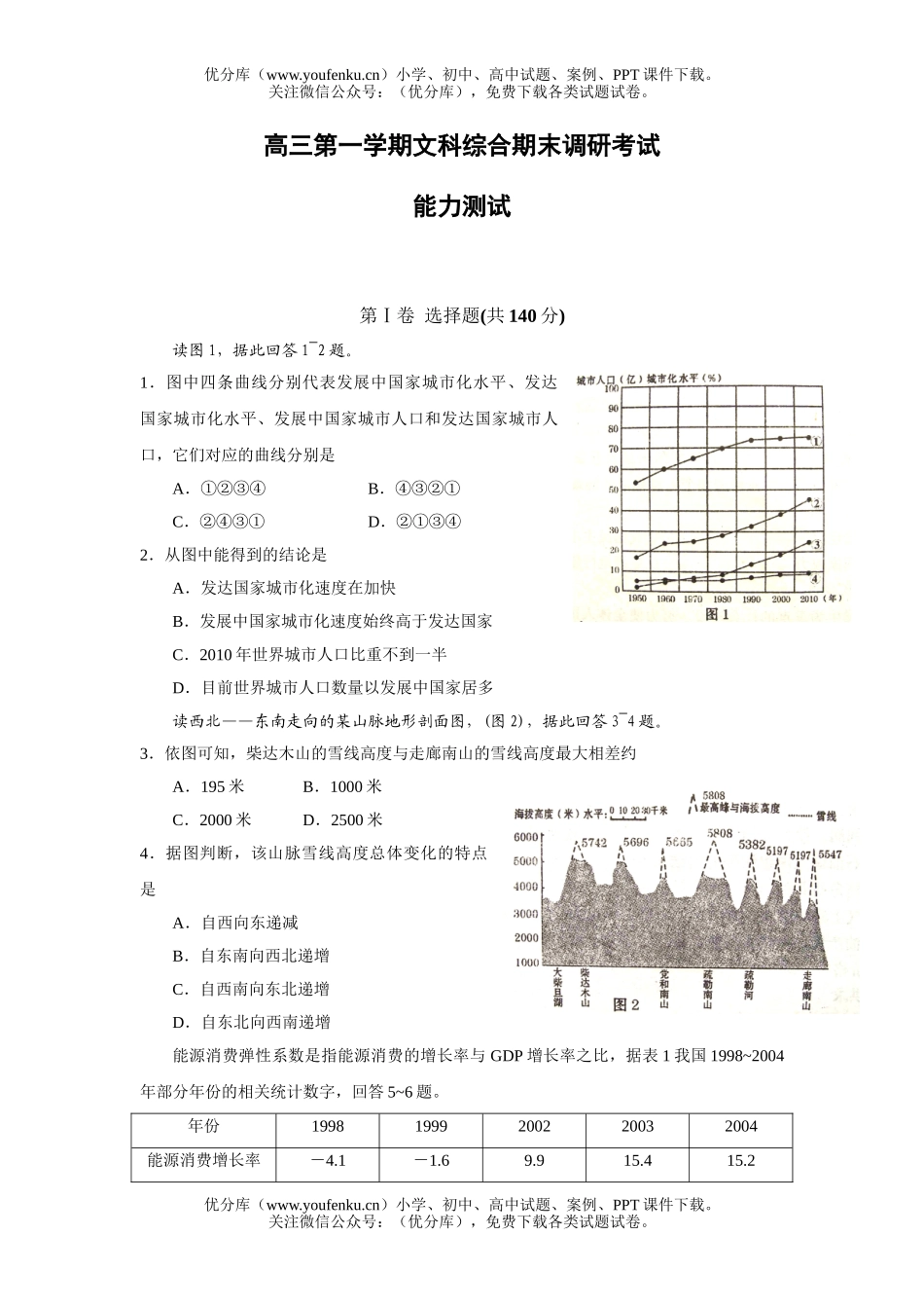 文科综合第一学期文科综合期末调研考试卷_第1页
