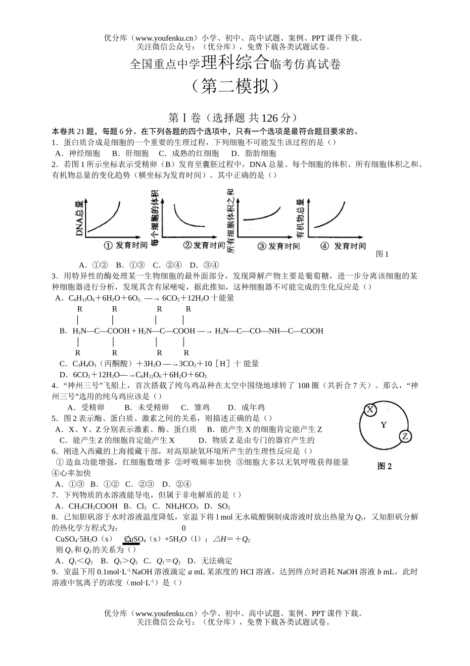 理科综合全国重点中学理科综合临考仿真试卷_第1页