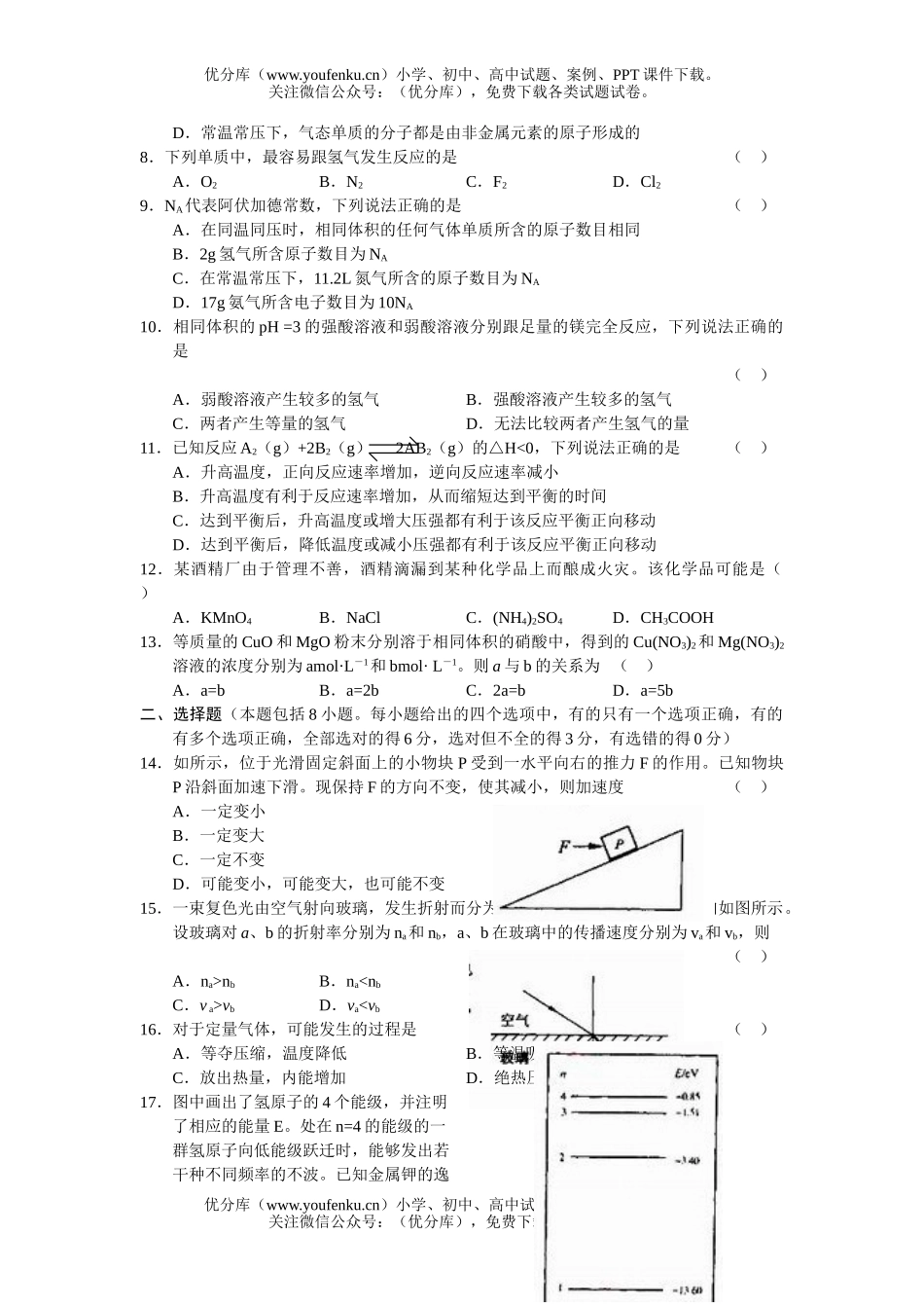 理科综合全国高考理科综合能力测试卷_第1页