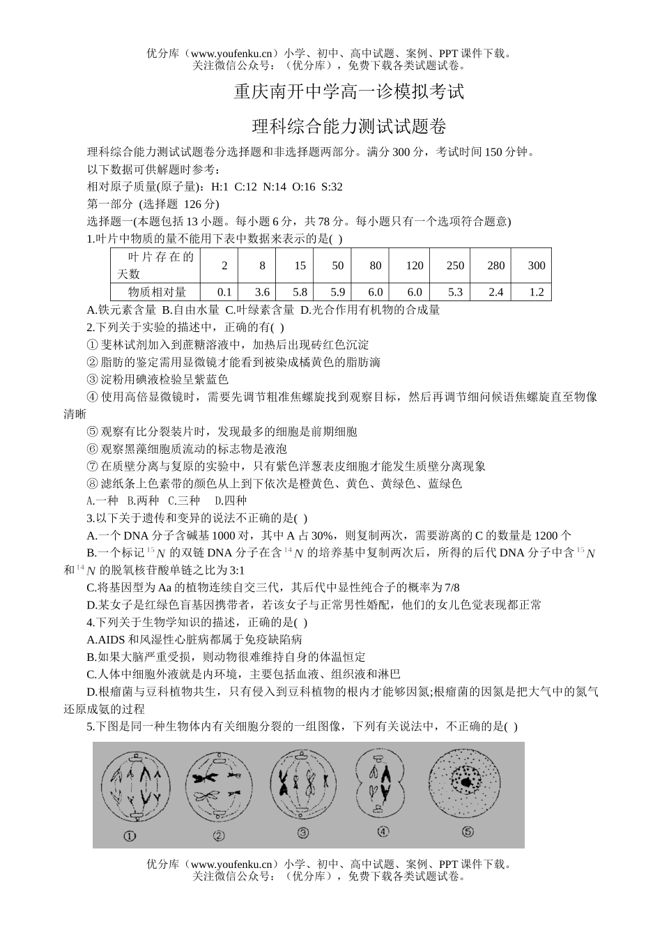 理科综合一诊模拟考试理科综合能力测试卷_第1页