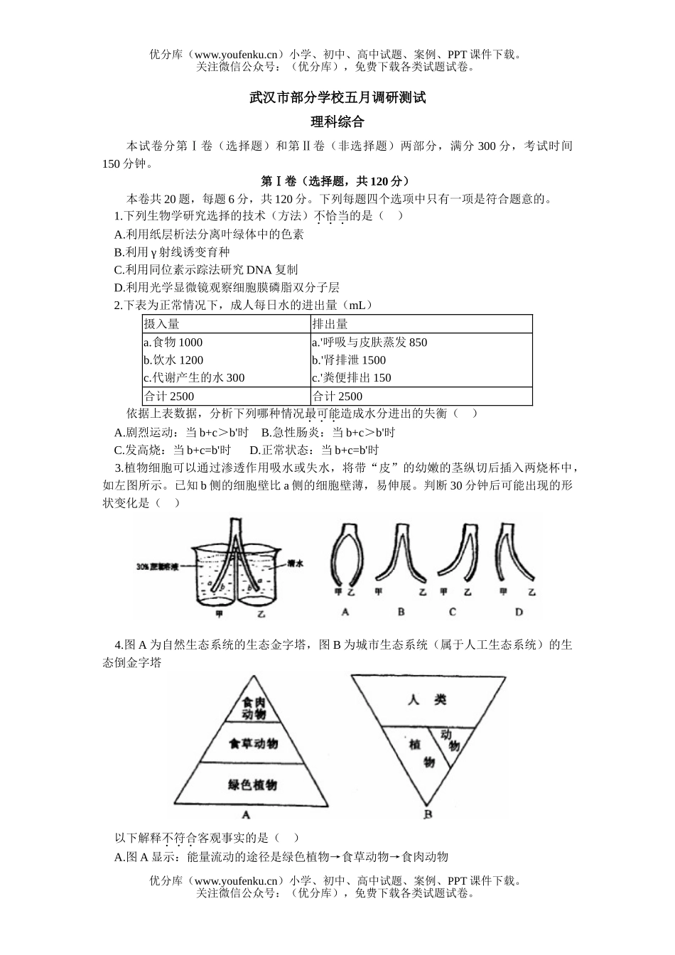 理科综合武汉市部分学校五月理综调研测试卷_第1页