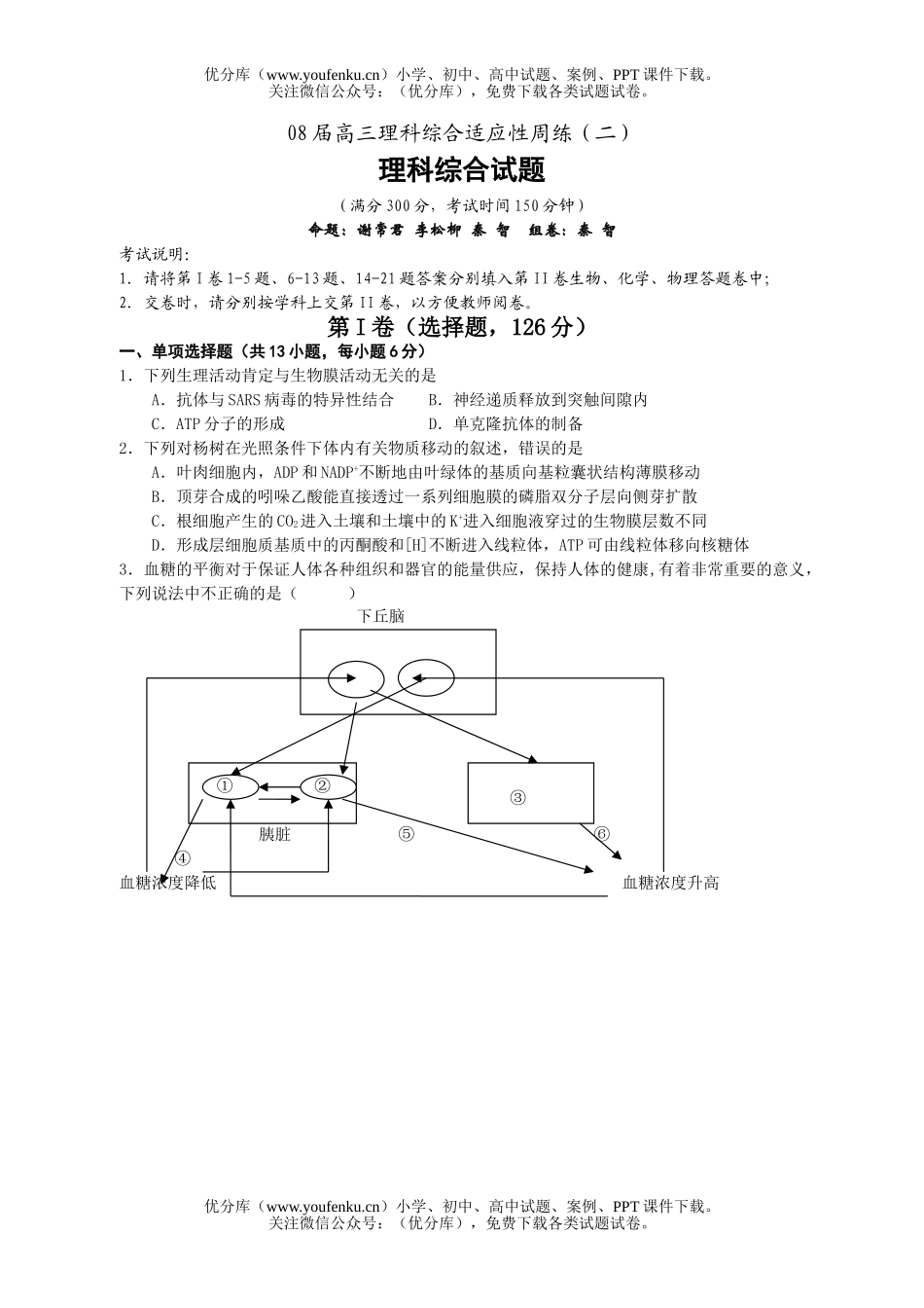 理科综合08届理科综合适应性周练试卷_第1页