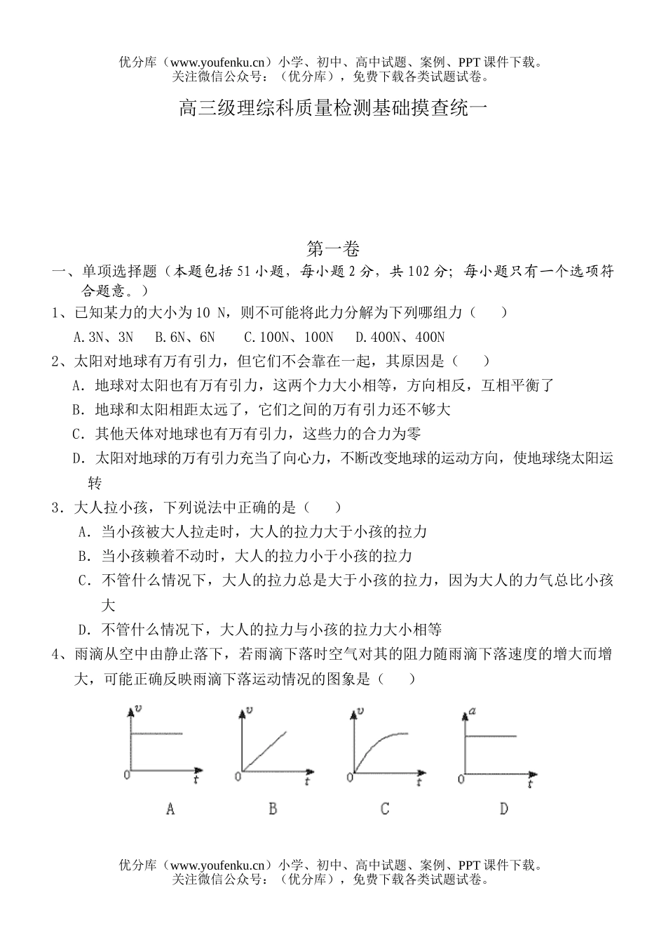 理科综合级理综科质量检测基础摸查统一试卷_第1页