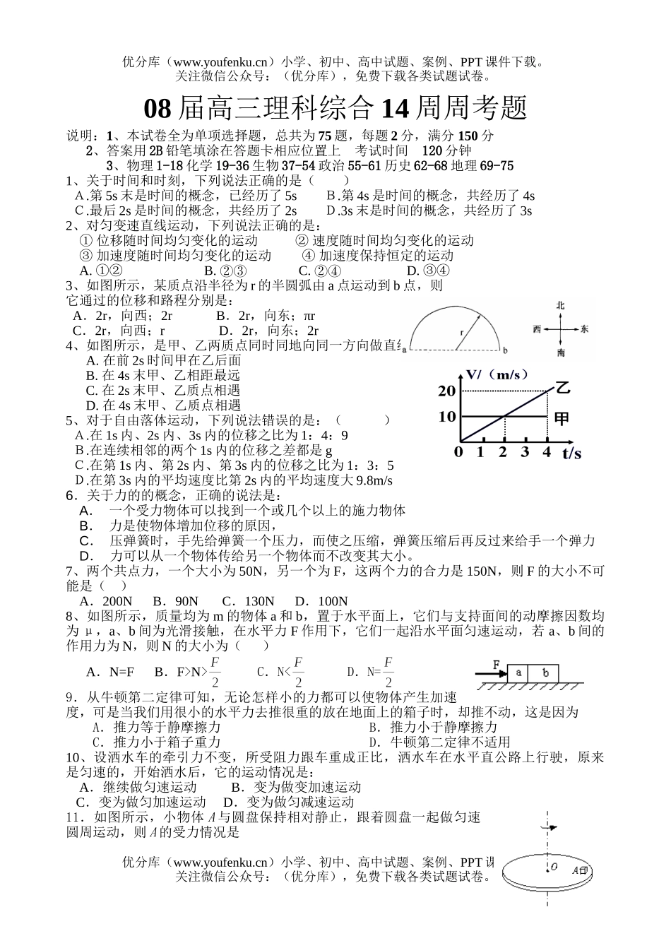 理科综合08届理科综合14周周考题试卷_第1页