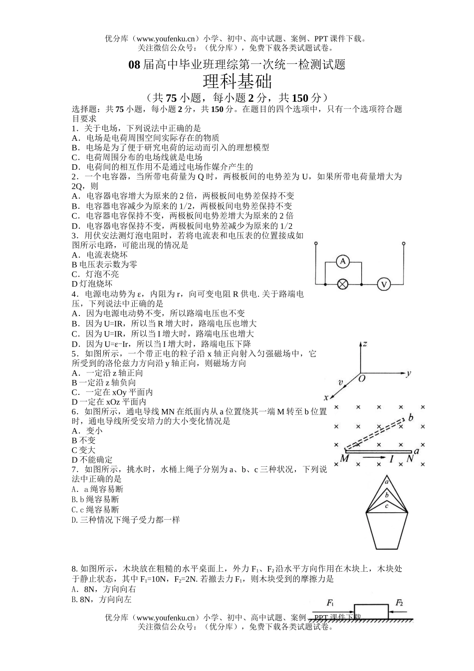 理科综合08届毕业班理综第一次统一检测试卷_第1页