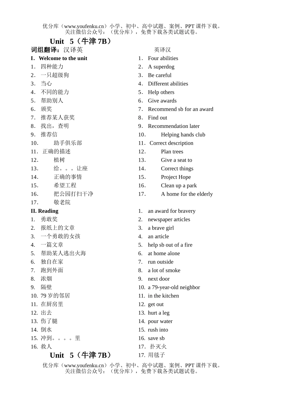 初中七年级英语牛津第五单元词组检测试卷_第1页