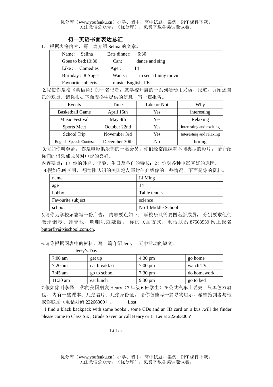 初中七年级英语新目标上册书面表达总复习试卷_第1页