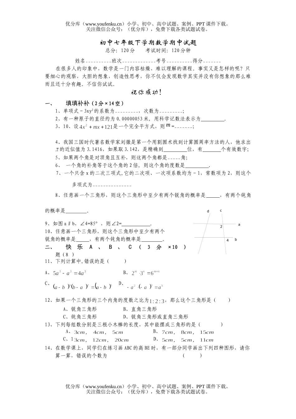 初中七年级数学下学期期中试卷_第1页