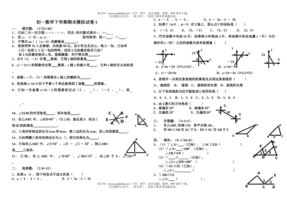 初中七年级数学下学期期末模拟1试卷_第1页