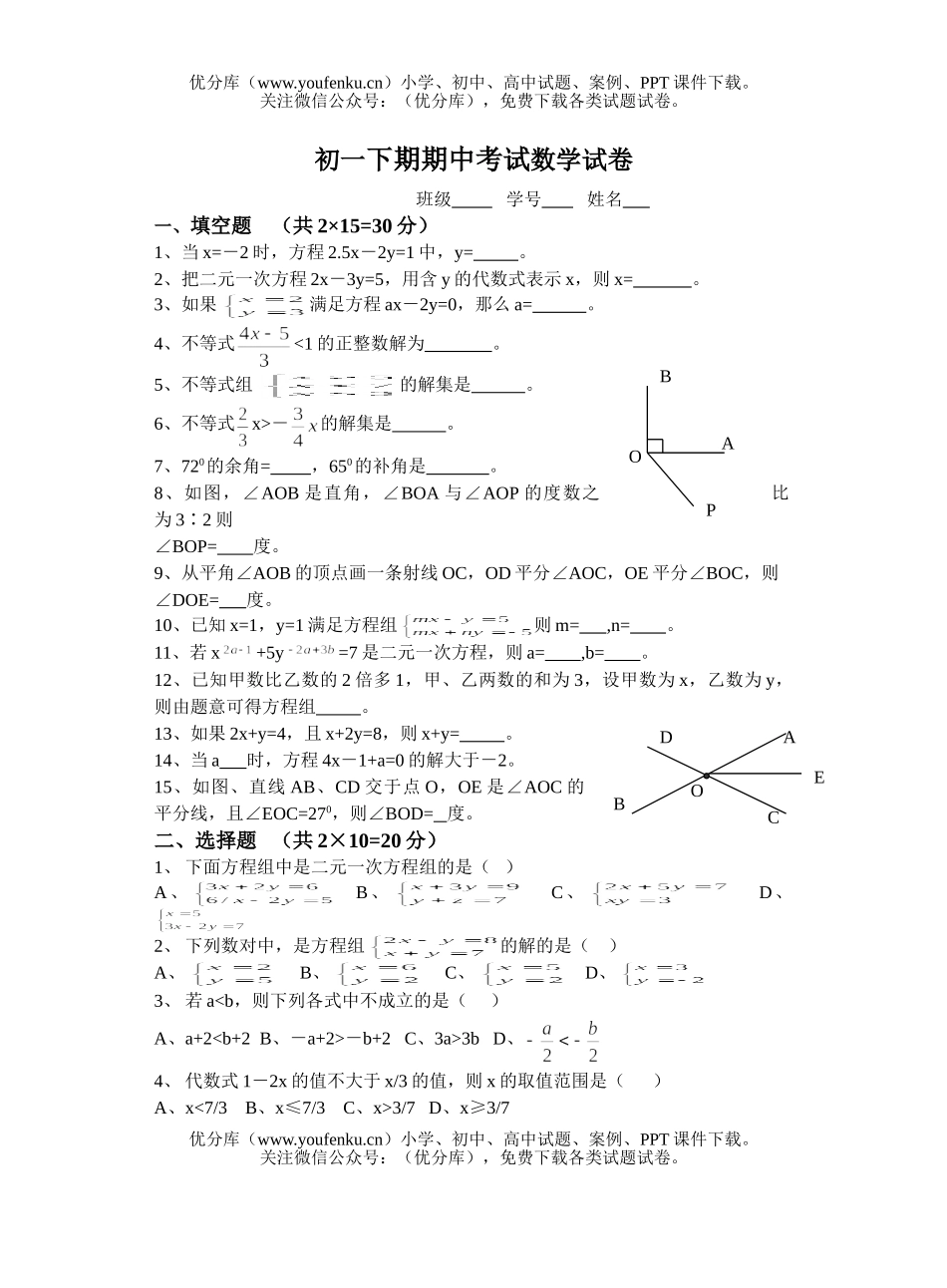 初中七年级数学下期期中考试卷_第1页