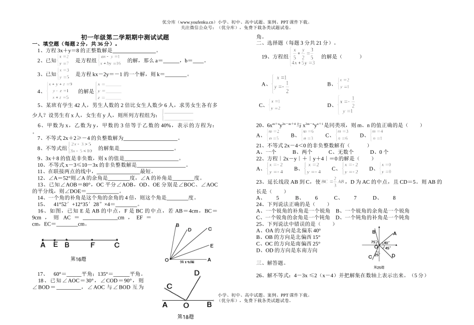 初中七年级数学初第二学期期中测试卷_第1页