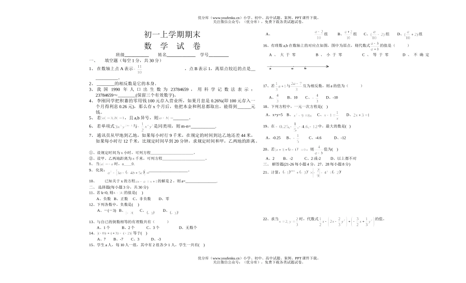 初中七年级数学上学期期末试卷_第1页