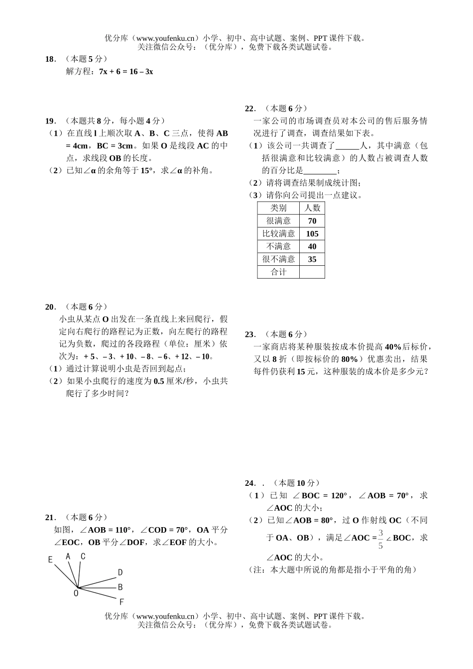 初中七年级数学人教版第一学期期末测5试卷_第2页