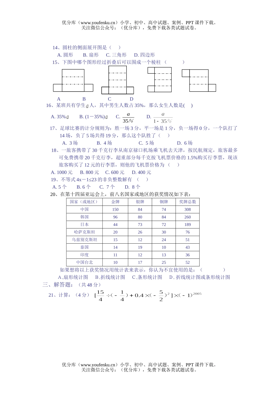 初中七年级数学第一学期学业检测(无答案)试卷_第2页