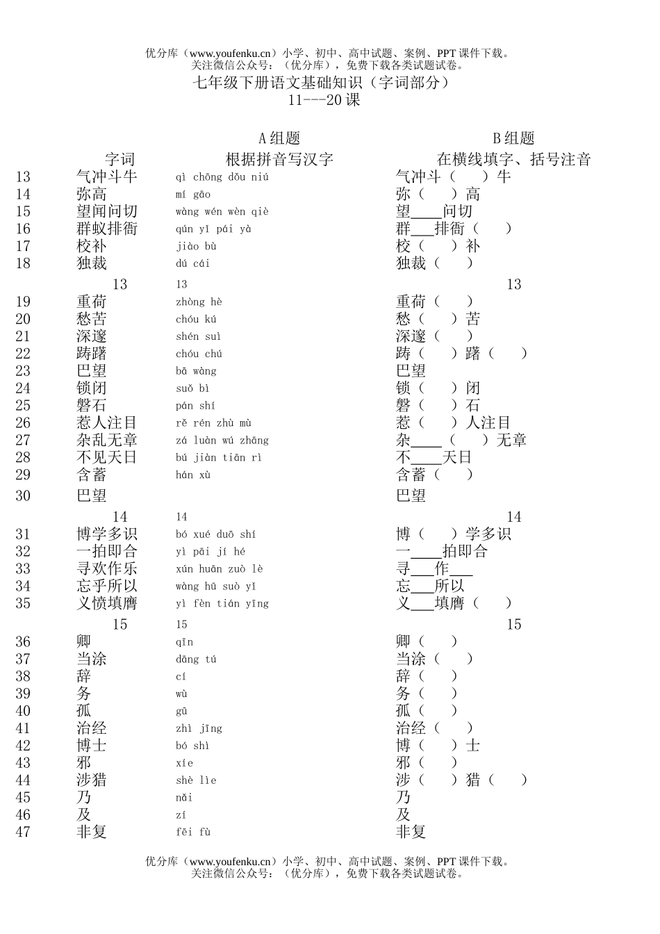 初中七年级语文下册基础知识(字词部分)试卷_第2页