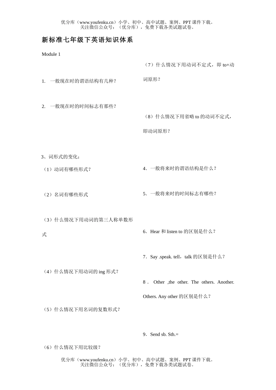 初中七年级英语(下)Module 1-3 知识体系试卷_第1页