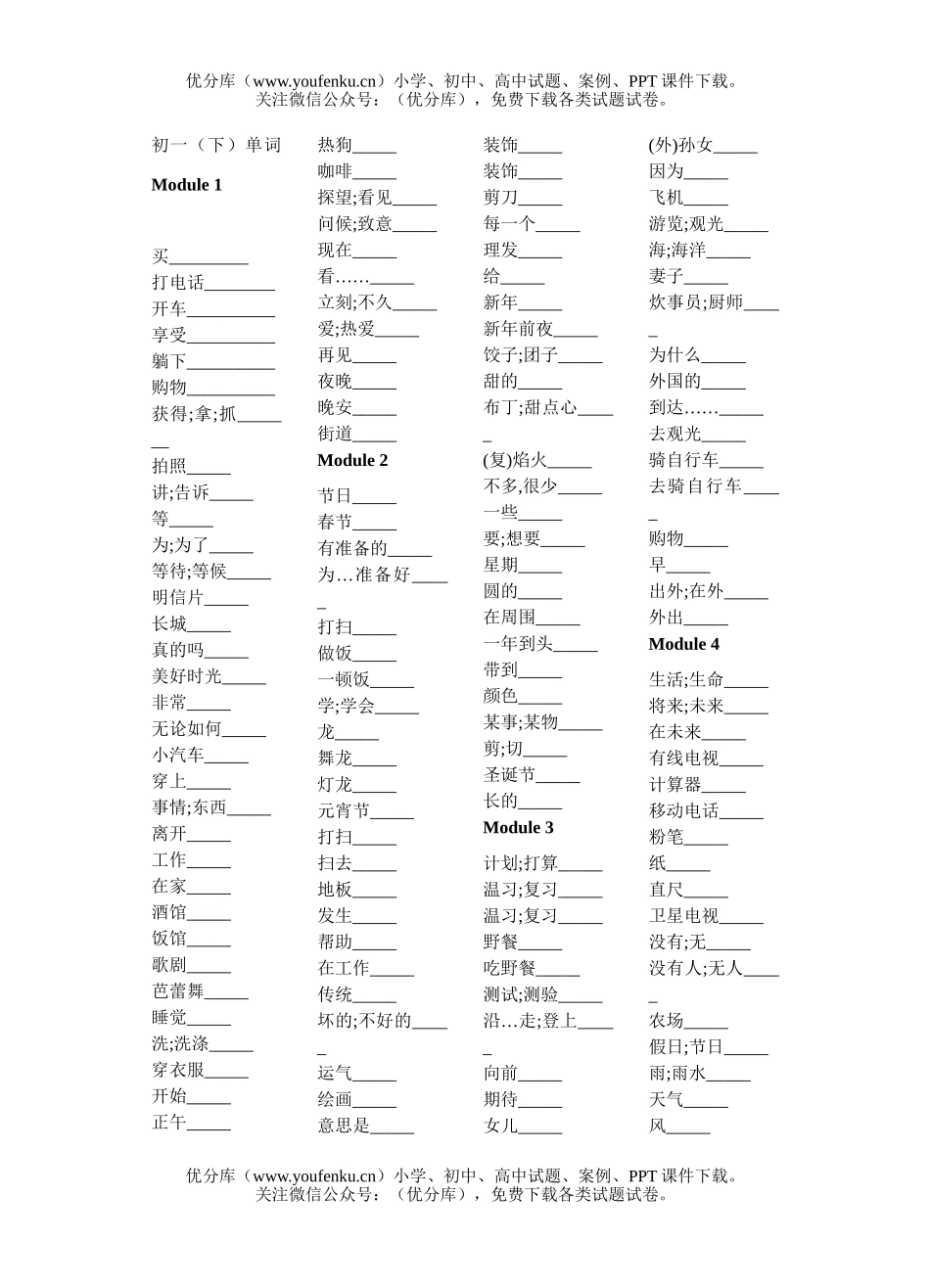 初中七年级英语(下)单词Module 1试卷_第1页