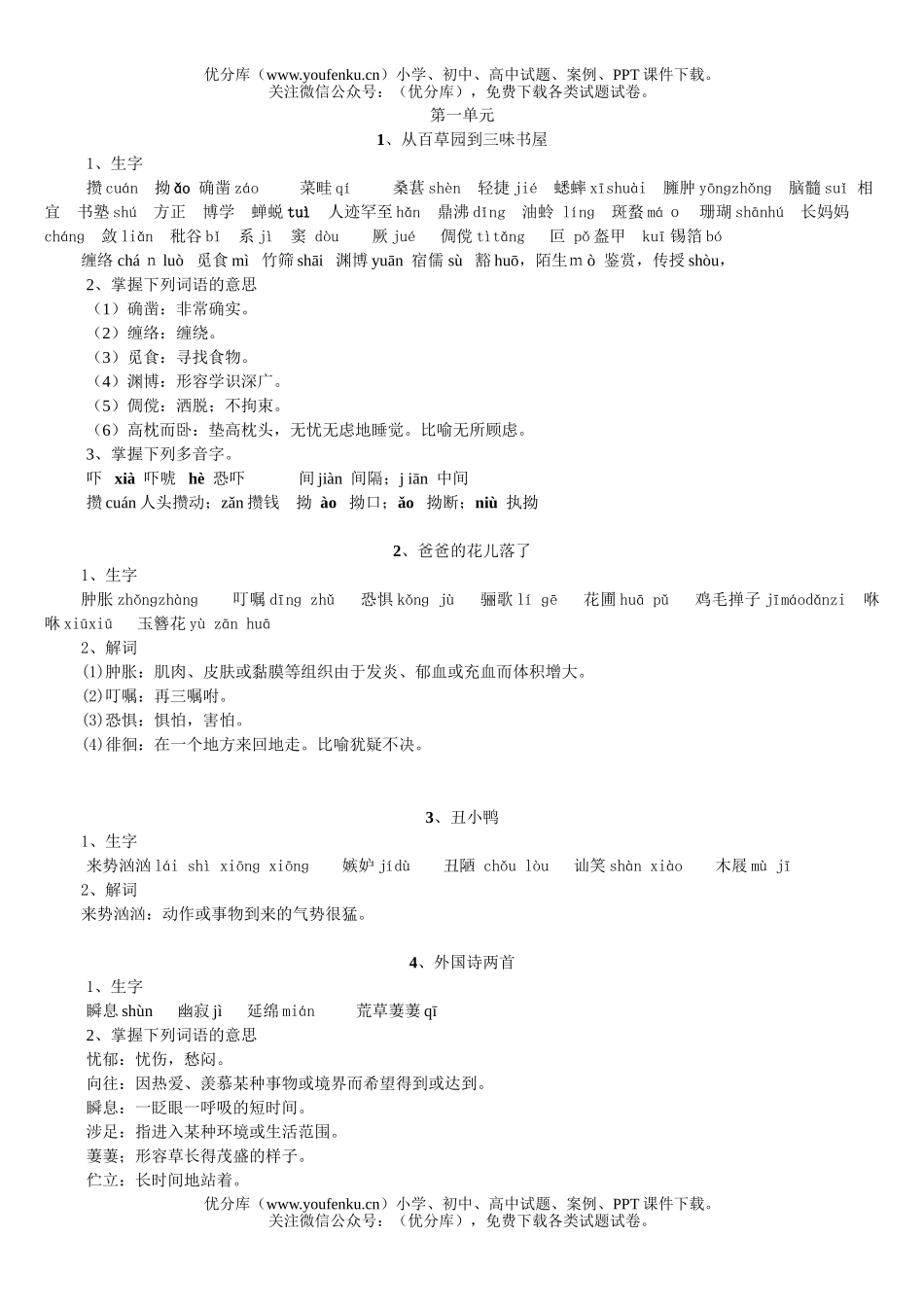 初中七年级语文下册课文生字词归纳试卷_第1页