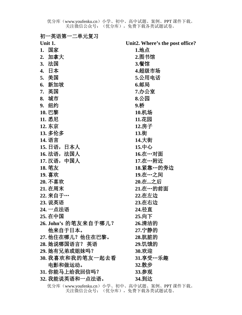 初中七年级英语第一二单元复习试卷_第1页