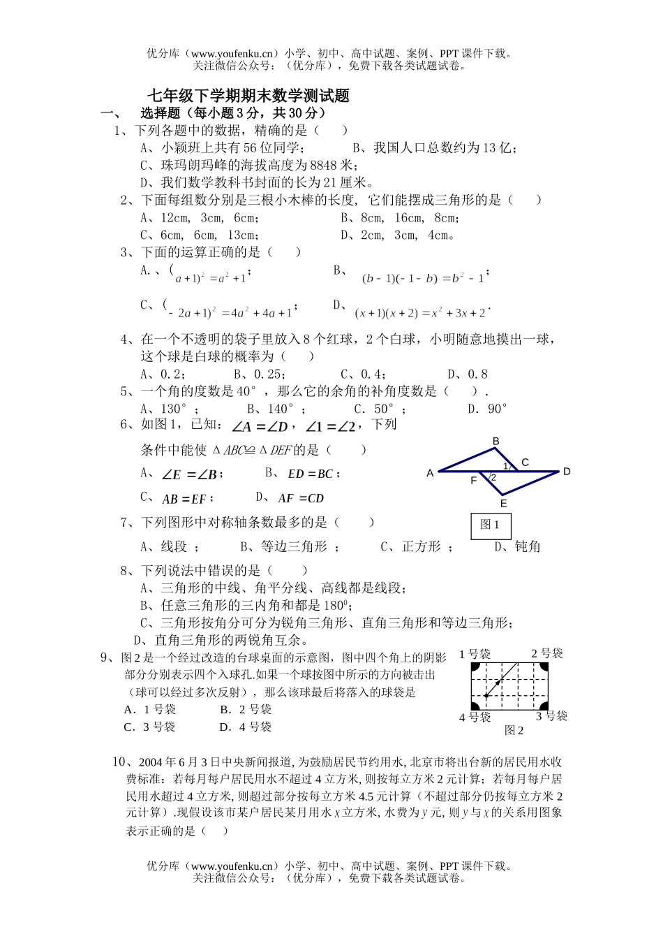 初中七年级数学期末考试卷_第1页