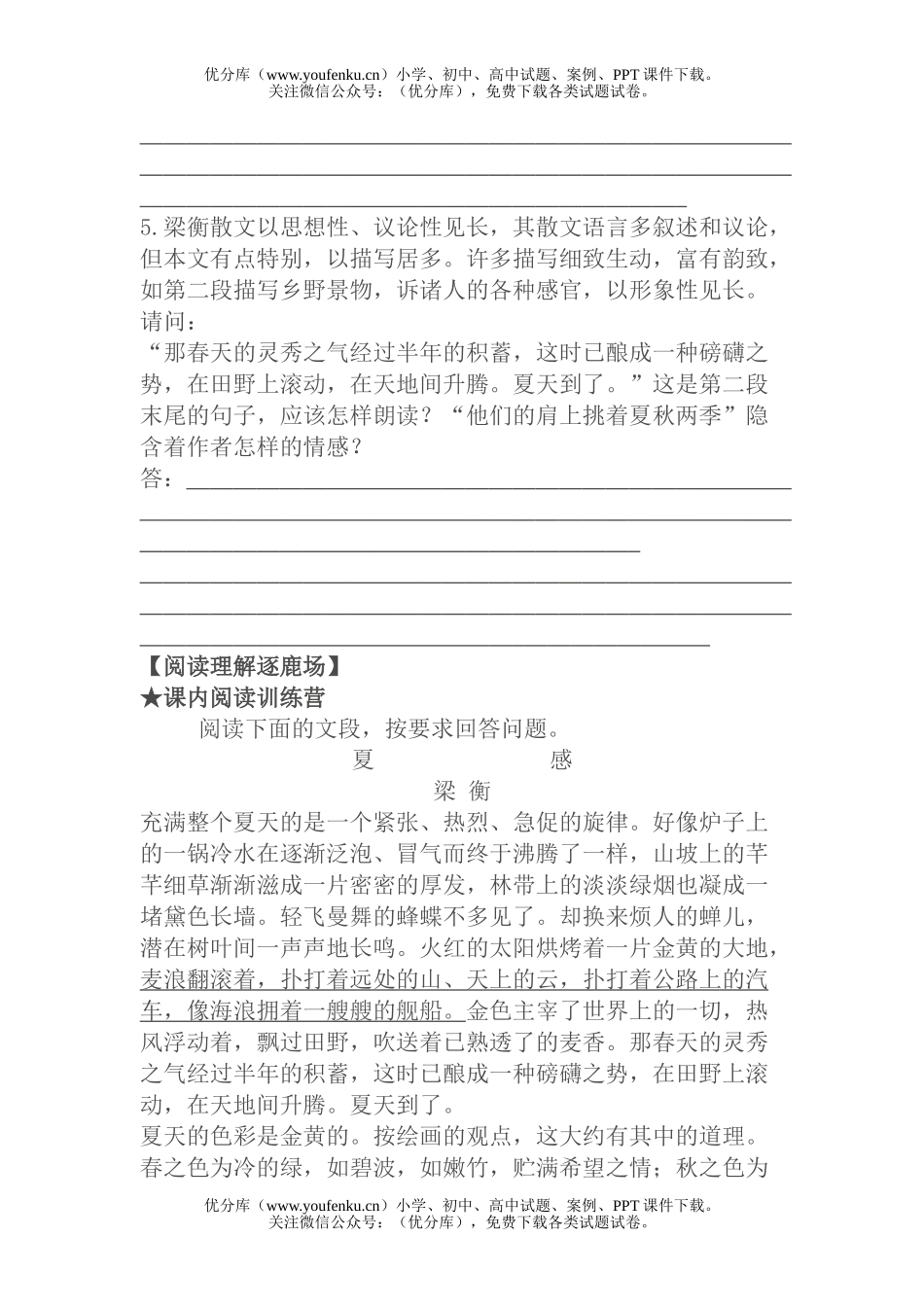 初中七年级语文《夏感》同步测试卷_第2页
