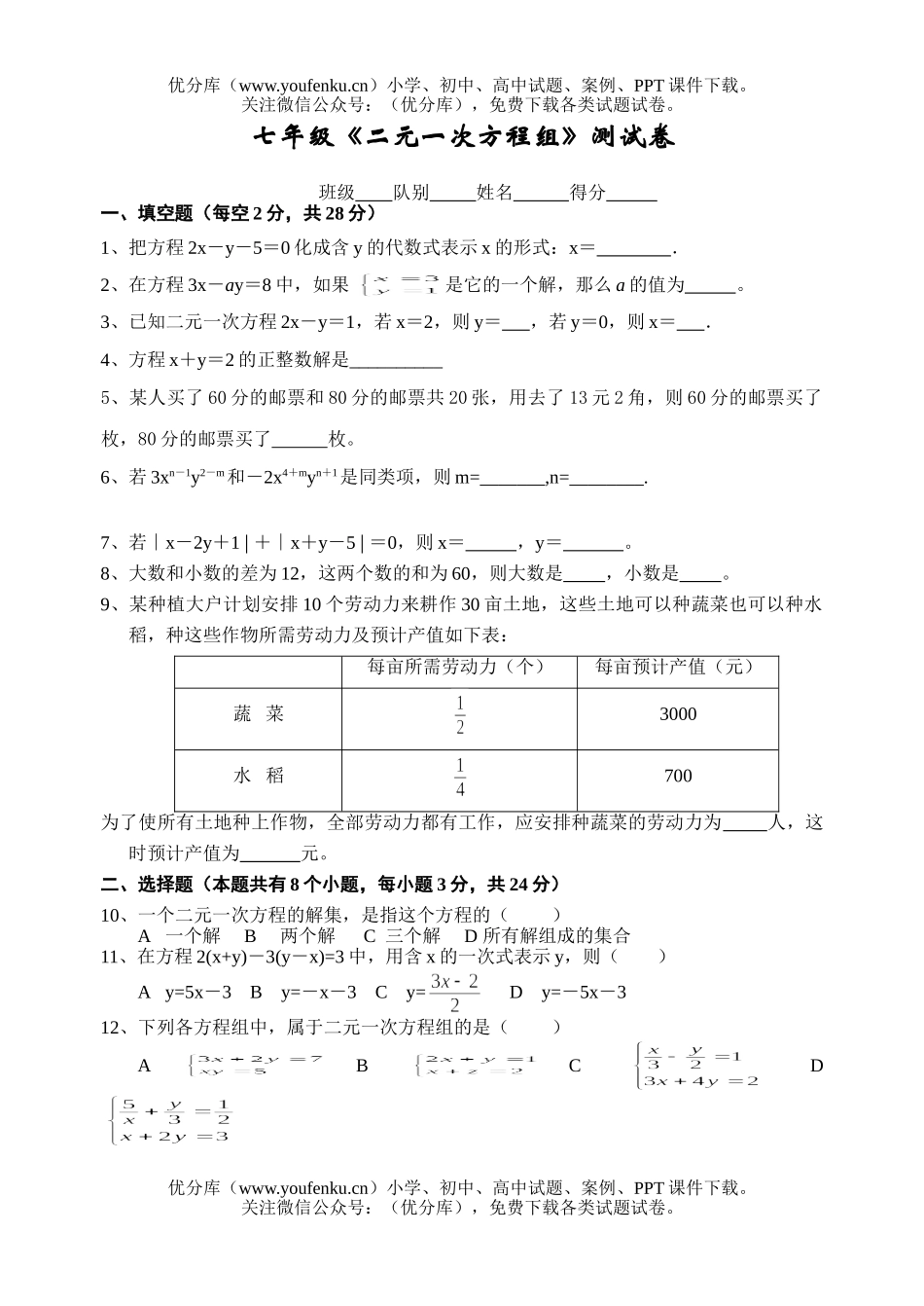 初中七年级数学二元一次方程组试卷_第1页