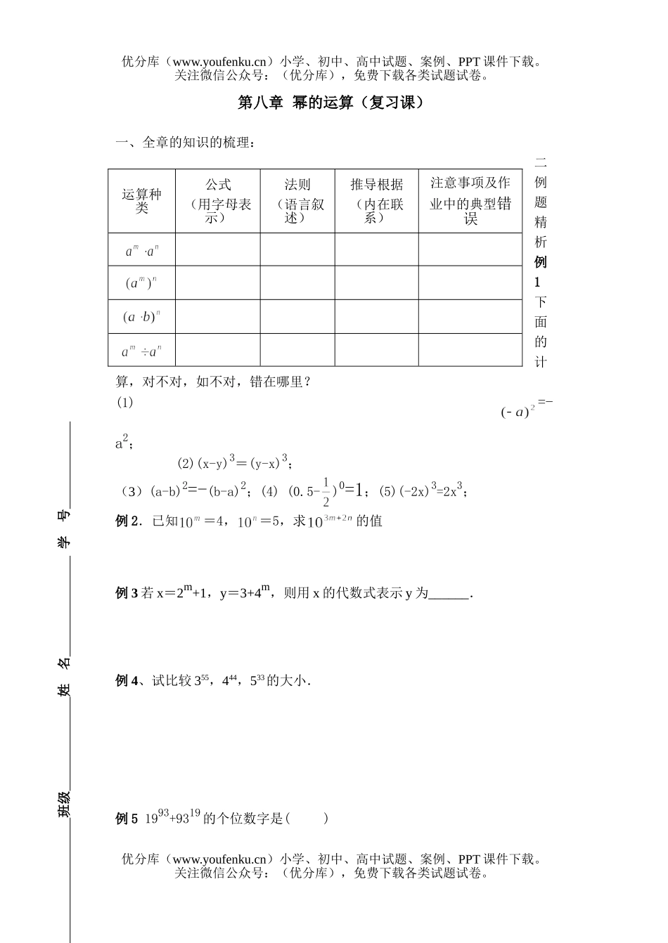 初中七年级数学幂的运算(复习课)随堂练习试卷_第1页