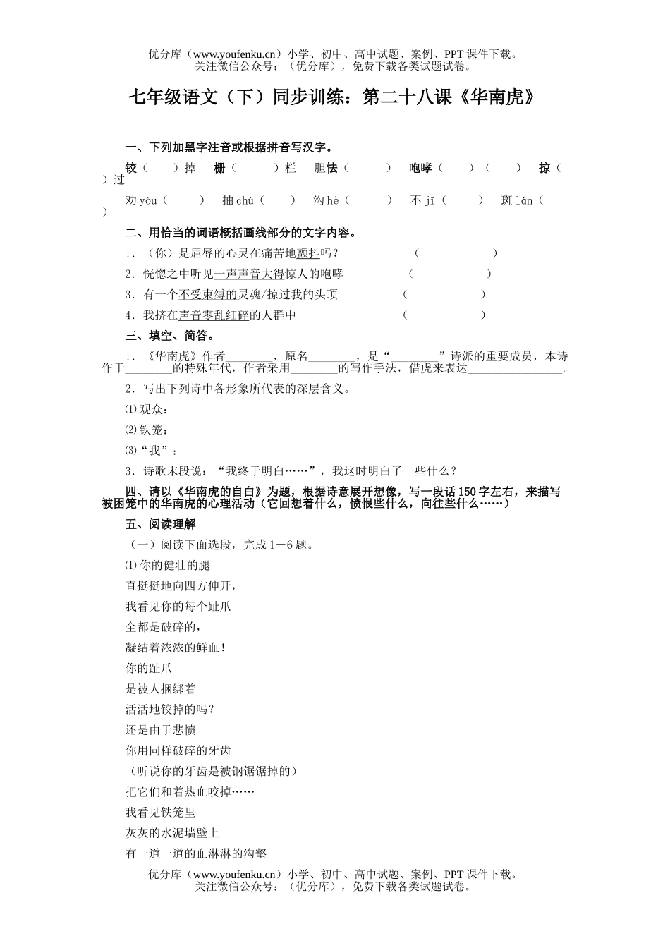 初中七年级语文人教版华南虎练习题及答案试卷_第1页