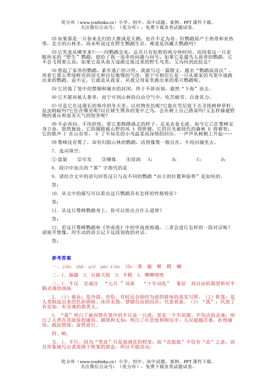 初中七年级语文人教版华南虎练习题及答案试卷_第2页