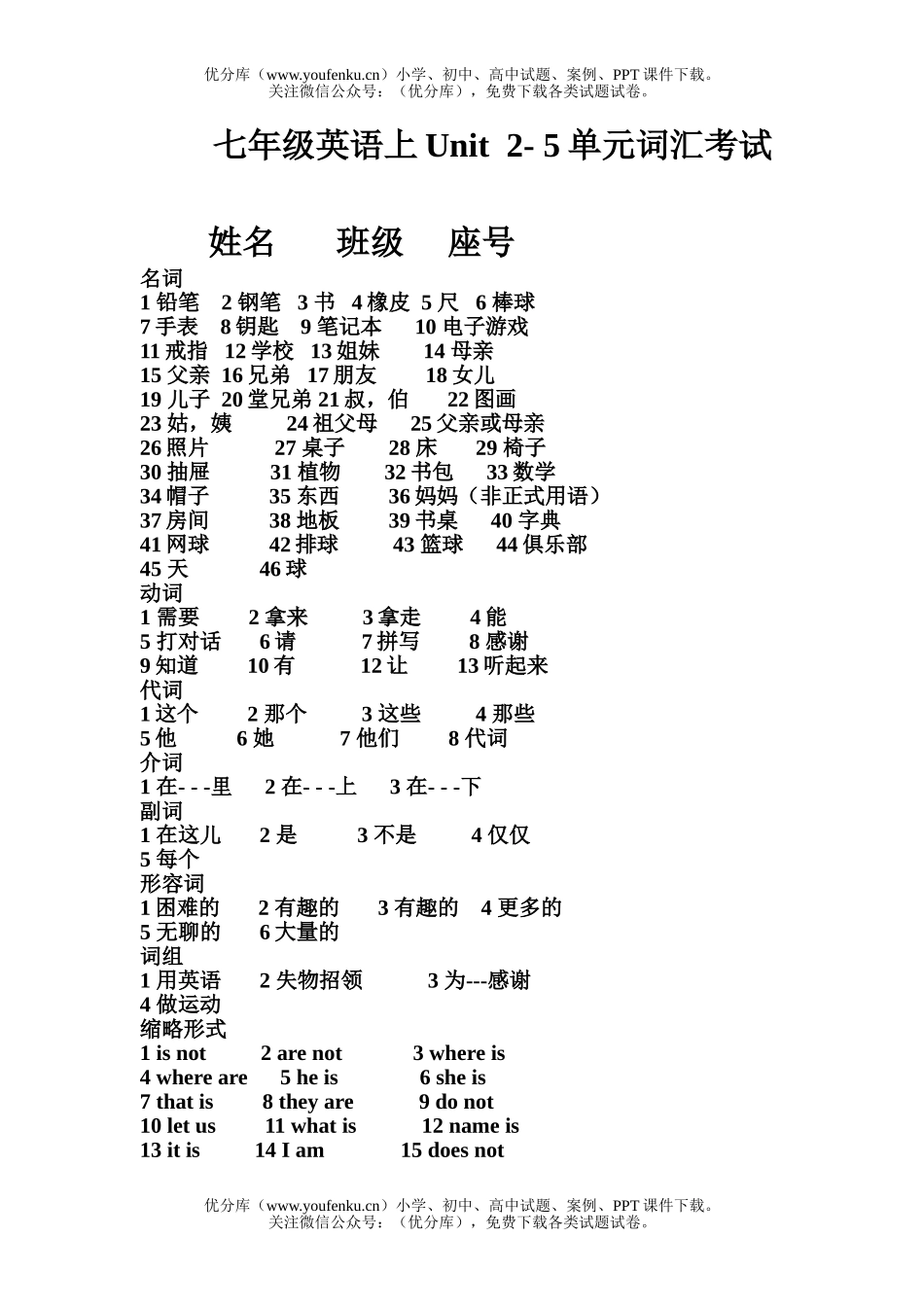 初中七年级英语上Unit  2- 5单元词汇考试卷_第1页